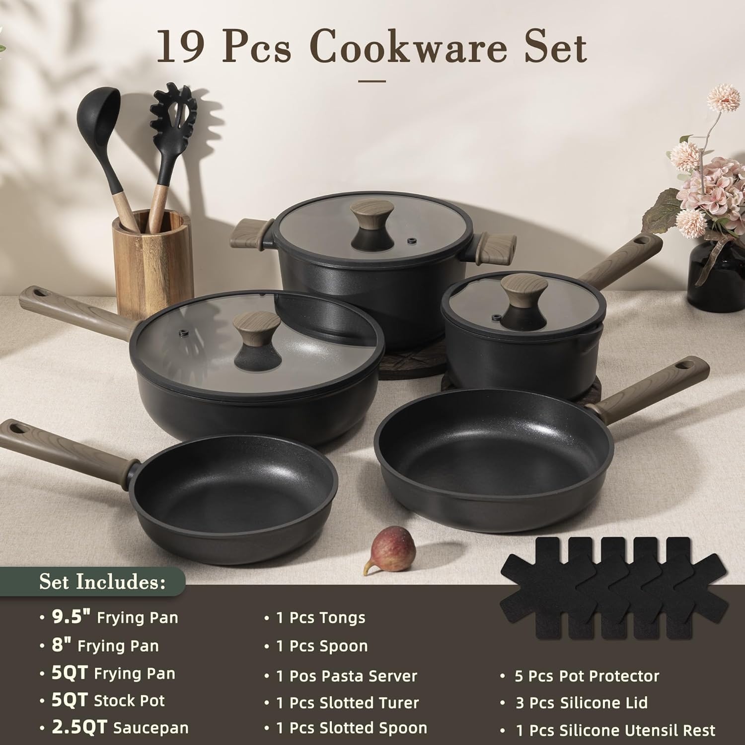 Astercook 19 Pcs Pots and Pans Set Non Stick, Black Titanium Induction Kitchen Cookware Sets, Non-toxic Healthy Kitchen Cooking Set with Frying Pans Set, PTFE PFOA PFOS Free, Father's Day Gift for Men