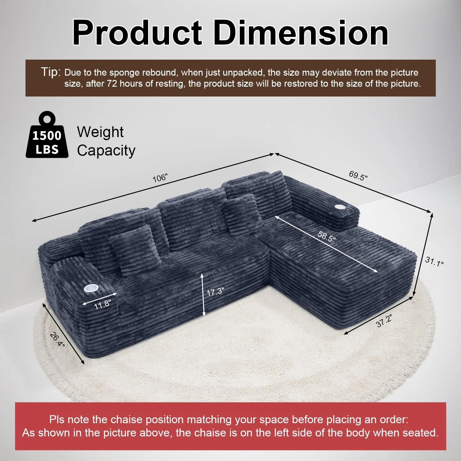 Canapé d'angle Cloud avec méridienne en L, canapé modulaire moderne, assise profonde, porte-gobelet intégré