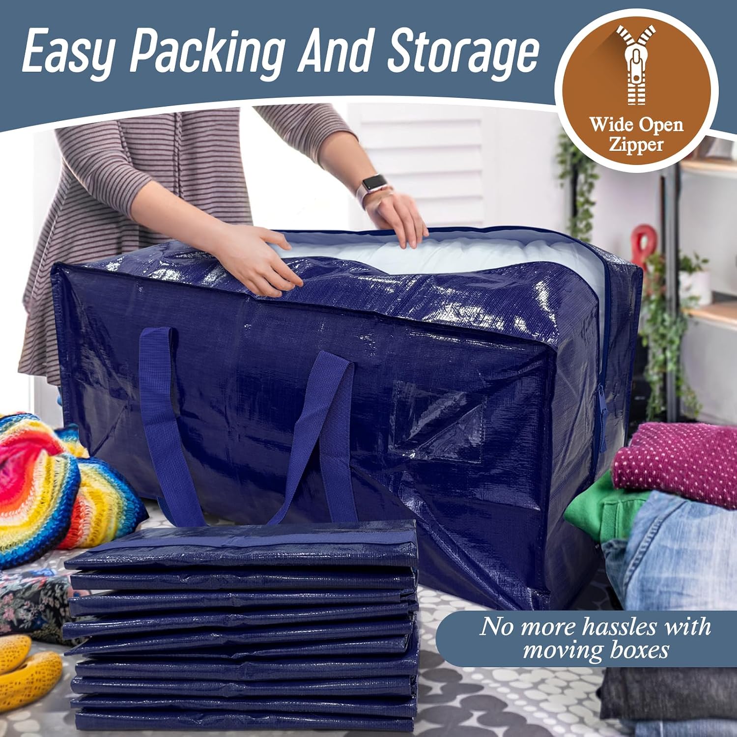 6 Pack Extra Heavy Duty Large Moving Bags with Strong Zipper, Dark Blue