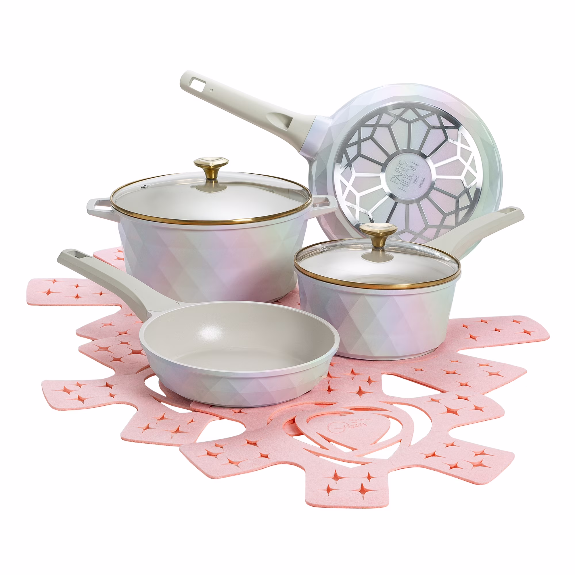 10 Piece Ceramic Nonstick Cast Aluminum Cookware Set, Clean Ceramic? Coating, Faceted Pink Design(Pink) Image 3