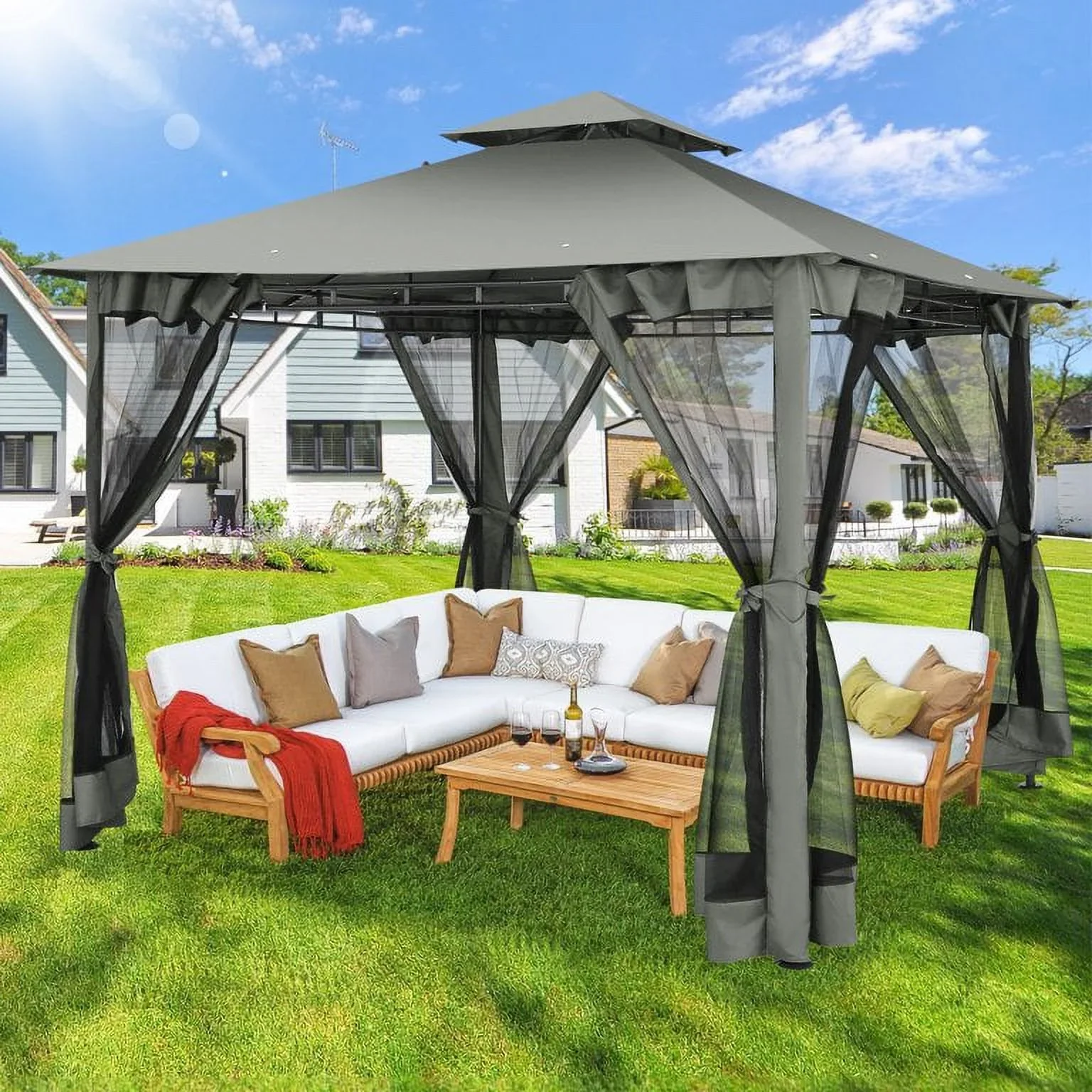 SANOPY 10' x 10' Gazebos for Patios, Gazebo Canopy with 4 Mosquito Netting, Rainproof & Sunscreen Shelter Tent with Double Eaves for Garden Backyard and Deck