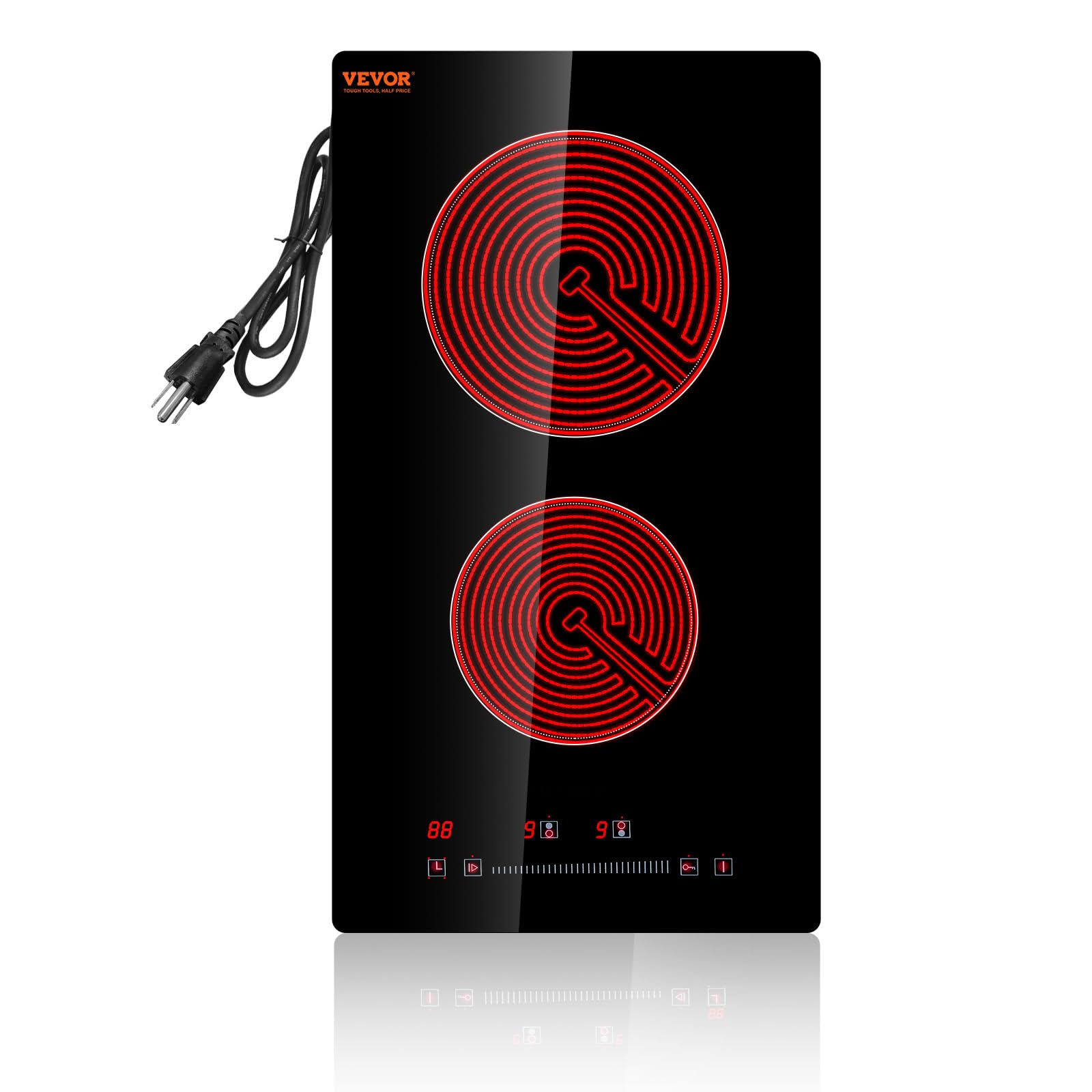 VEVOR 20 x 11.6 in. Built in Electric Stove Top 2 Burners Glass Radiant Cooktop with Sensor Touch Control Timer & Child Lock Black