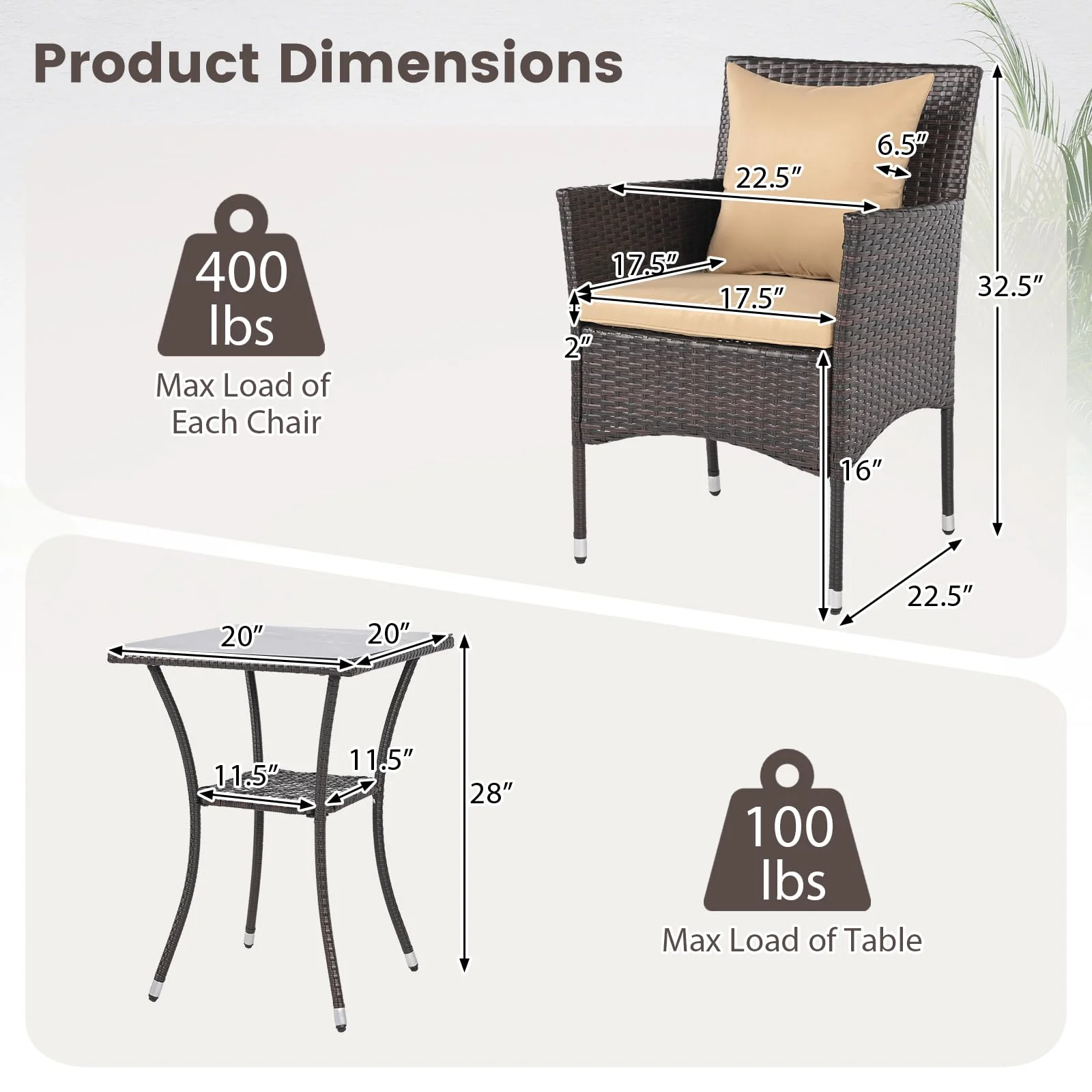 Tangkula 3 Pieces Patio Wicker Bistro Set | 2 Rattan Chairs w/ 2-Tier Tempered Glass Table