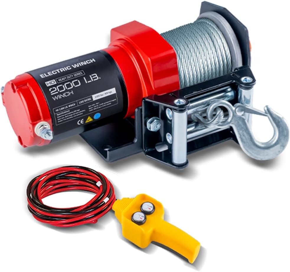 Treuil électrique RUGCEL WINCH 12000 lb 12 V pour camion, étanche, à câble en acier noir, avec guide-câble à rouleaux, poignée filaire, 2 télécommandes infrarouges et treuil pour remorque.