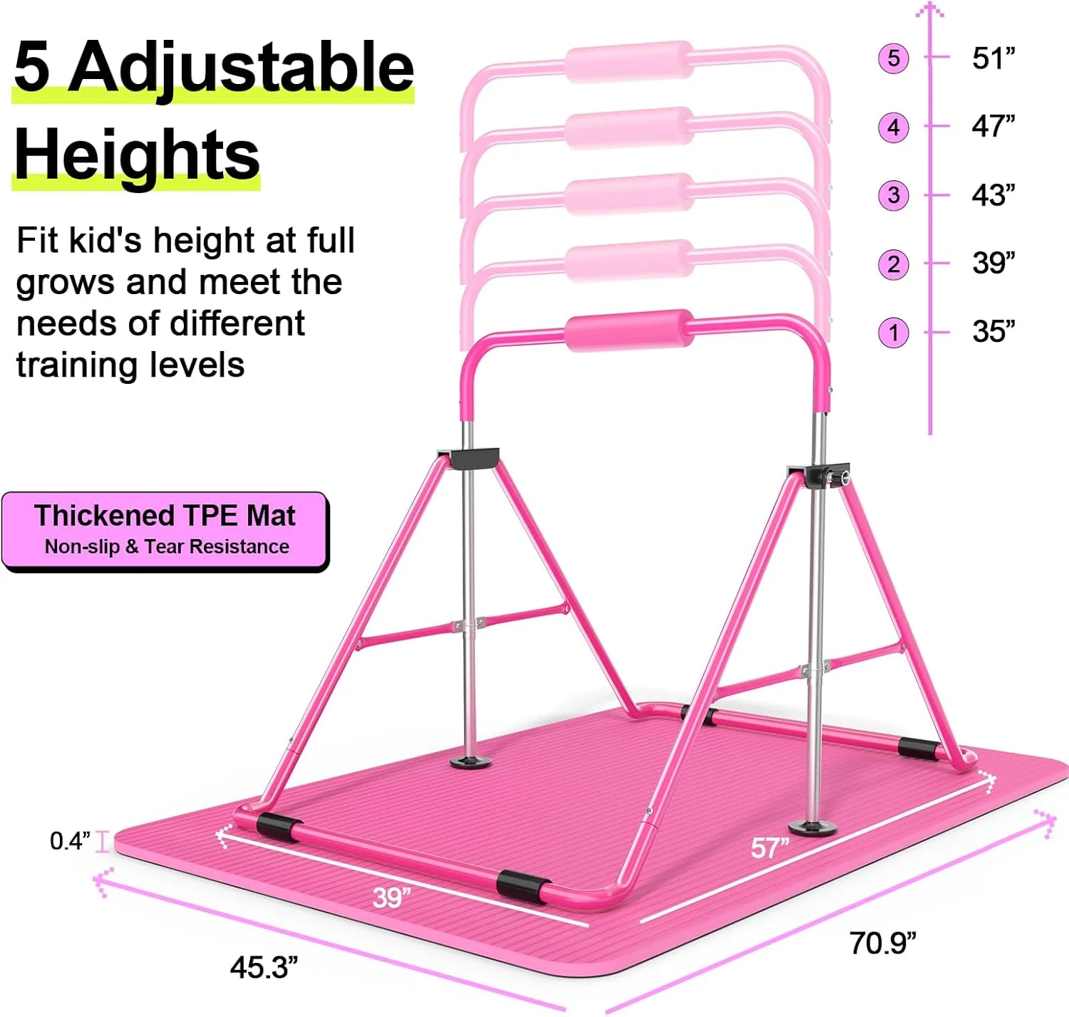 Gymnastics Bar with Mat for Kids, Height Adjustable Junior Training Bar Mat for Home, Folding Gymnastic Horizontal Bars Equipment (Pink+Mat)(PINKBARMAT) - Image 2