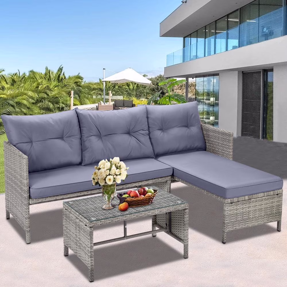 Rattan Patio Sofa Set, 4 Pieces Outdoor Sectional Furniture Set, All-Weather PE Rattan Wicker Patio Conversation Set, Cushioned Sofa Set with Glass Table for Patio Garden Poolside Deck(Brown) - Image 3