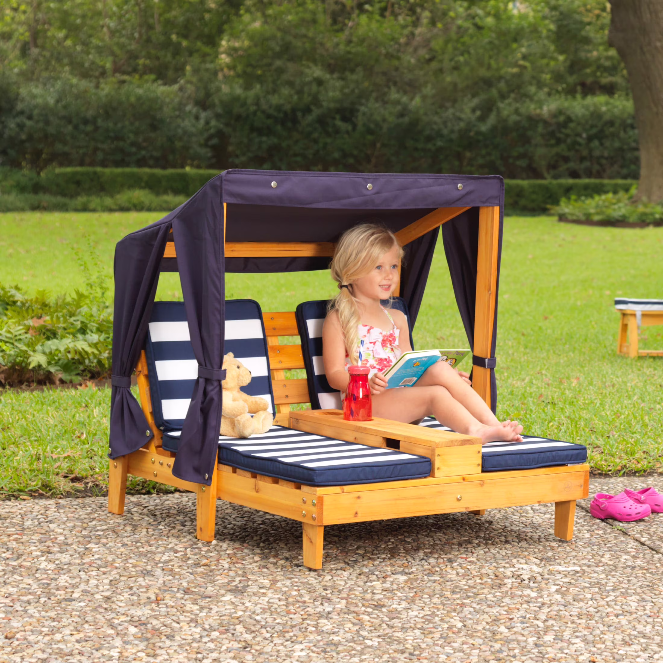 Wooden Outdoor Double Chaise with Cup Holders, Kid's Furniture, Honey Navy(Honey)