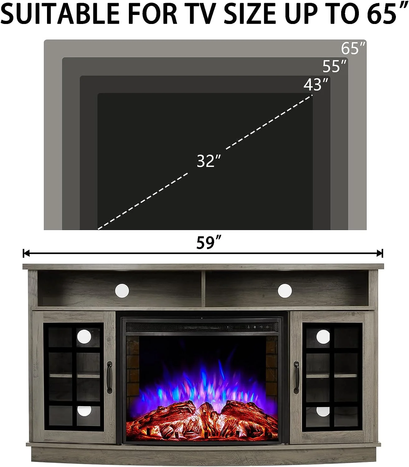 Curved TV Cabinet with 26" Electric Fireplace for TVs up to 65", Distressed White(Distressed White) - Image 10