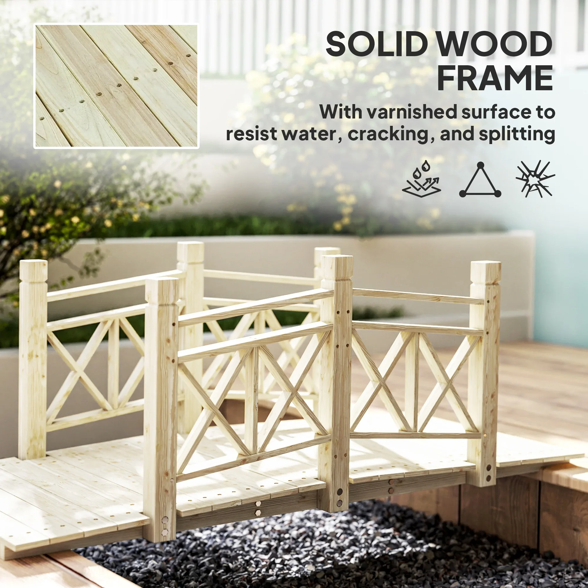 QISHENSHUI 5 ft. Sturdy Natural Wood Garden Bridge �C Premium Timber Construction with Solid Safety Handrails for Backyard Paths, Small Ponds & Garden Water Features, Carbonized