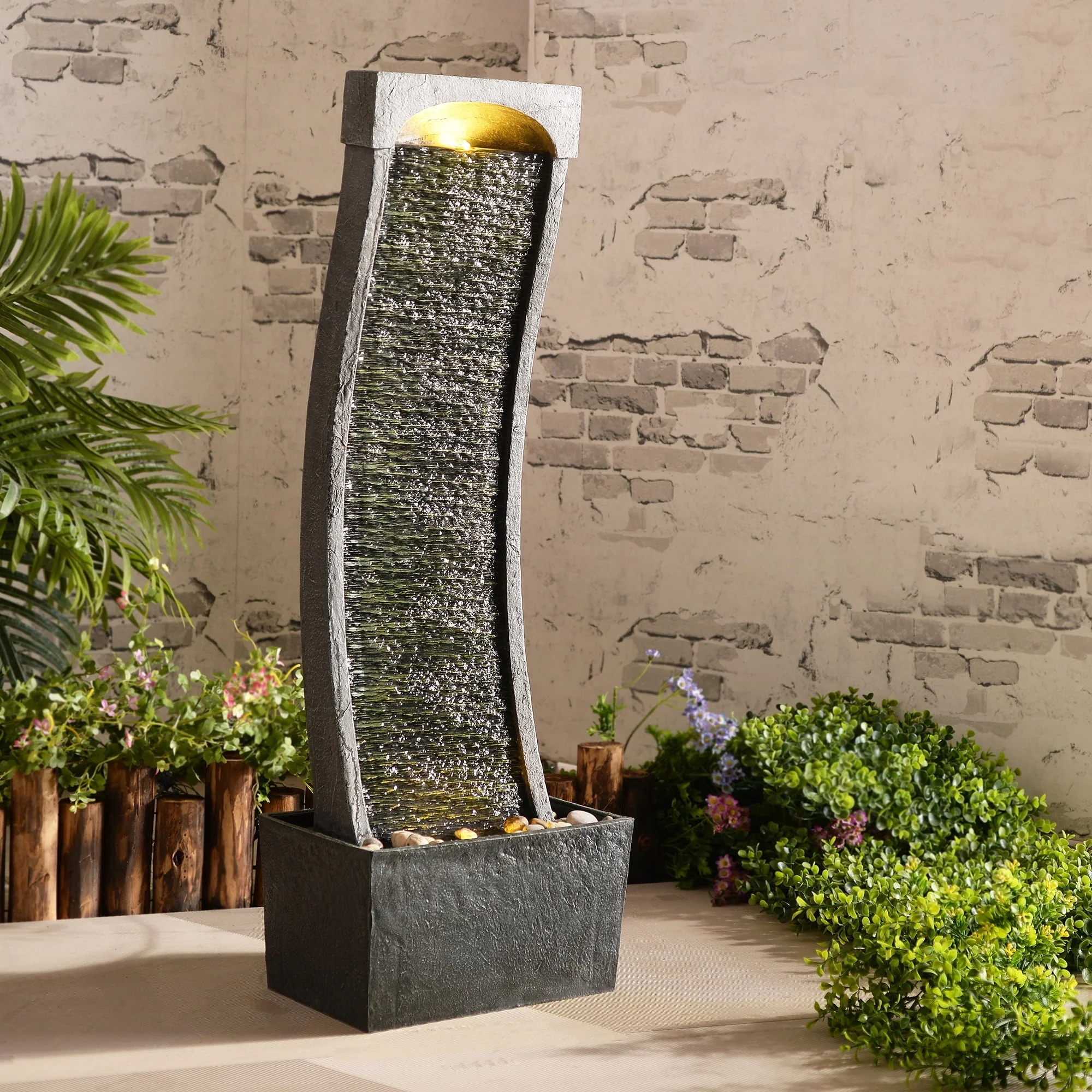 Teamson Home Indoor/Outdoor Modern Curved Slate Stone - Look Tall Waterfall Fountain with LED Lights