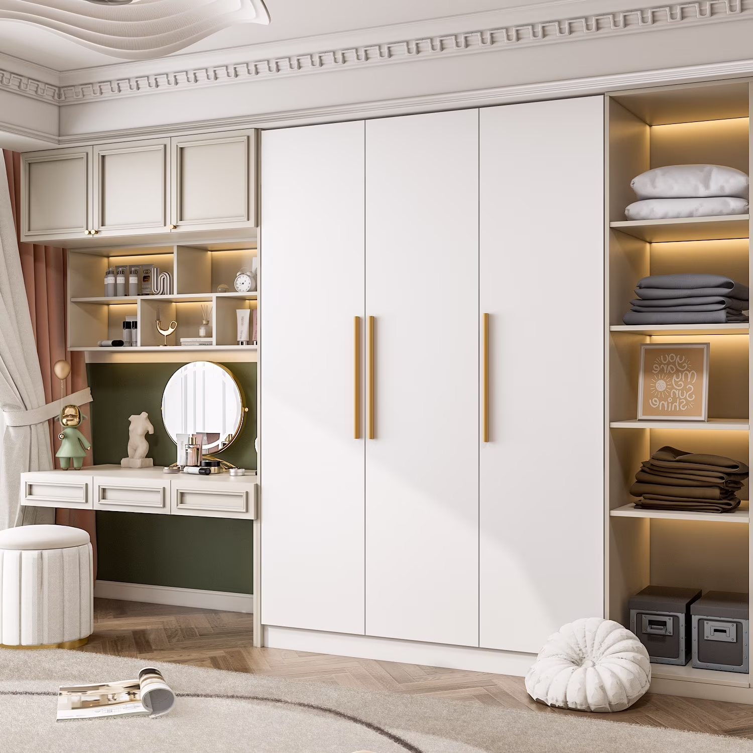 Wardrobe Armoire Wooden Closet Cabinet 6 Storage Cube and Hanging Rod White(White)