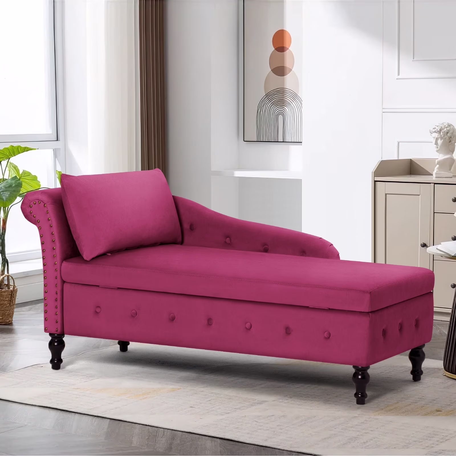 ACMEASE Chaise Lounge Chair Indoor Kids Modern Tufted Right Armrest Velvet Lumbar, Fuchsia