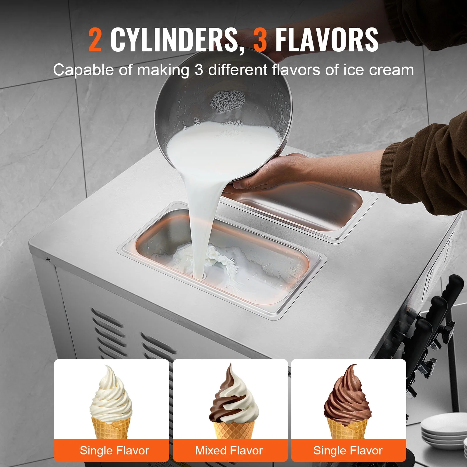 Commercial Soft Ice Cream Machine 21-31 L/H Output 3-Flavor LED Display Auto Clean 4.3L/1.1GAL Hopper,1.7L/0.45gal Cylinder - Image 4