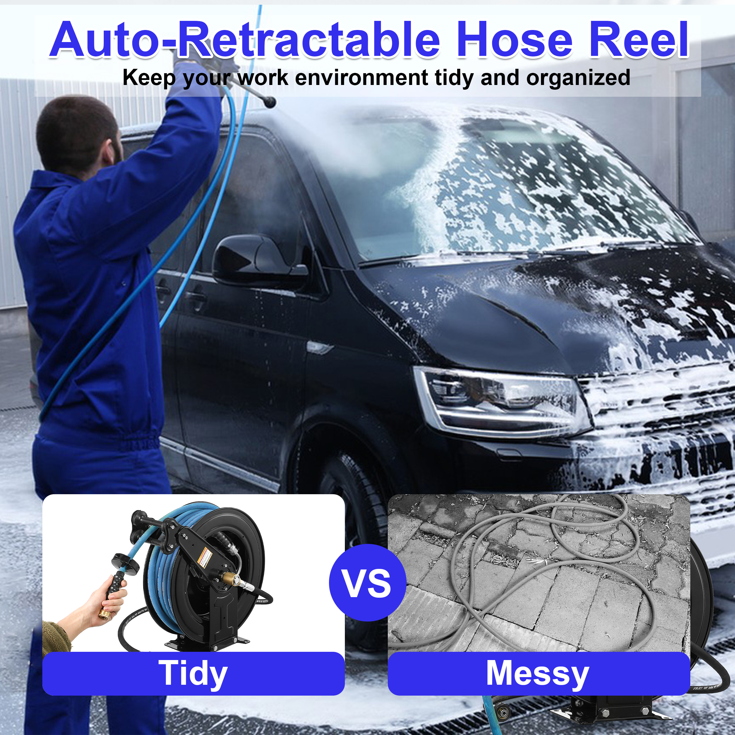 Auto - Retractable Pressure Washer Hose Reel, 50FT x 3/8
