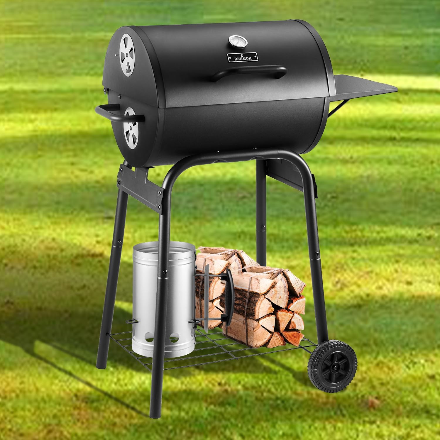 Charcoal Grill with Side Table, Barrel BBQ Grill with 500 Square Inches Cooking Area