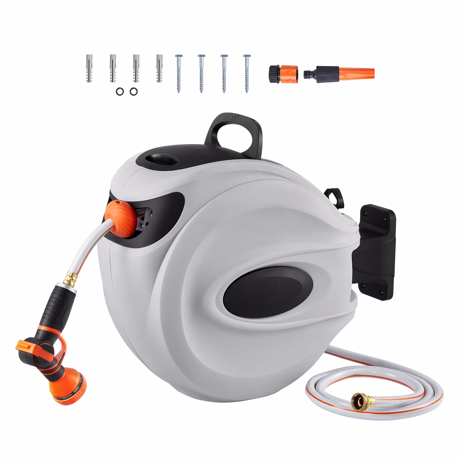 KFFKFF Retractable Hose Reel, 65 ft x 5/8 inch, 180�� Swivel Bracket Wall-Mounted, Garden Water Hose Reel with 9-Pattern Nozzle, Automatic Rewind, Lock at Any Length, and Slow Return System