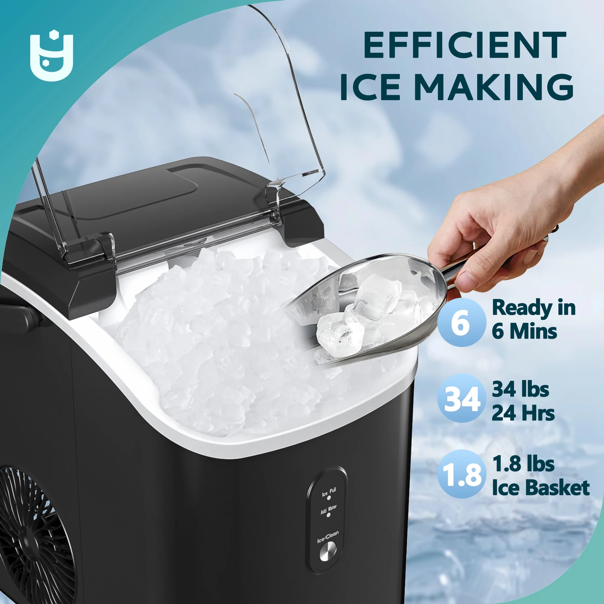 Nugget Ice Maker Countertop with Handle, Ready in 6 Mins, 34.5 lbs Per Day, Removable Top Cover, Auto-Cleaning, Black(Black) - Image 5