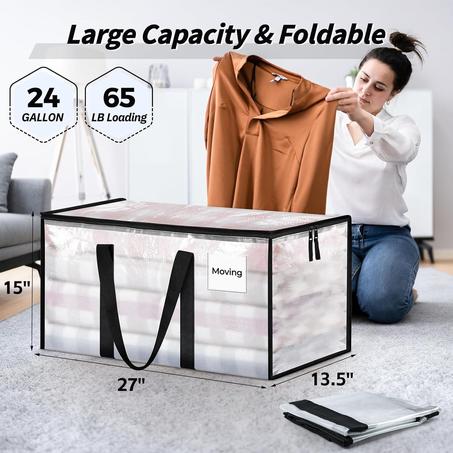8 Pack Extra Large Clothes Storage Bins with Lids, Moving Bags, Clear