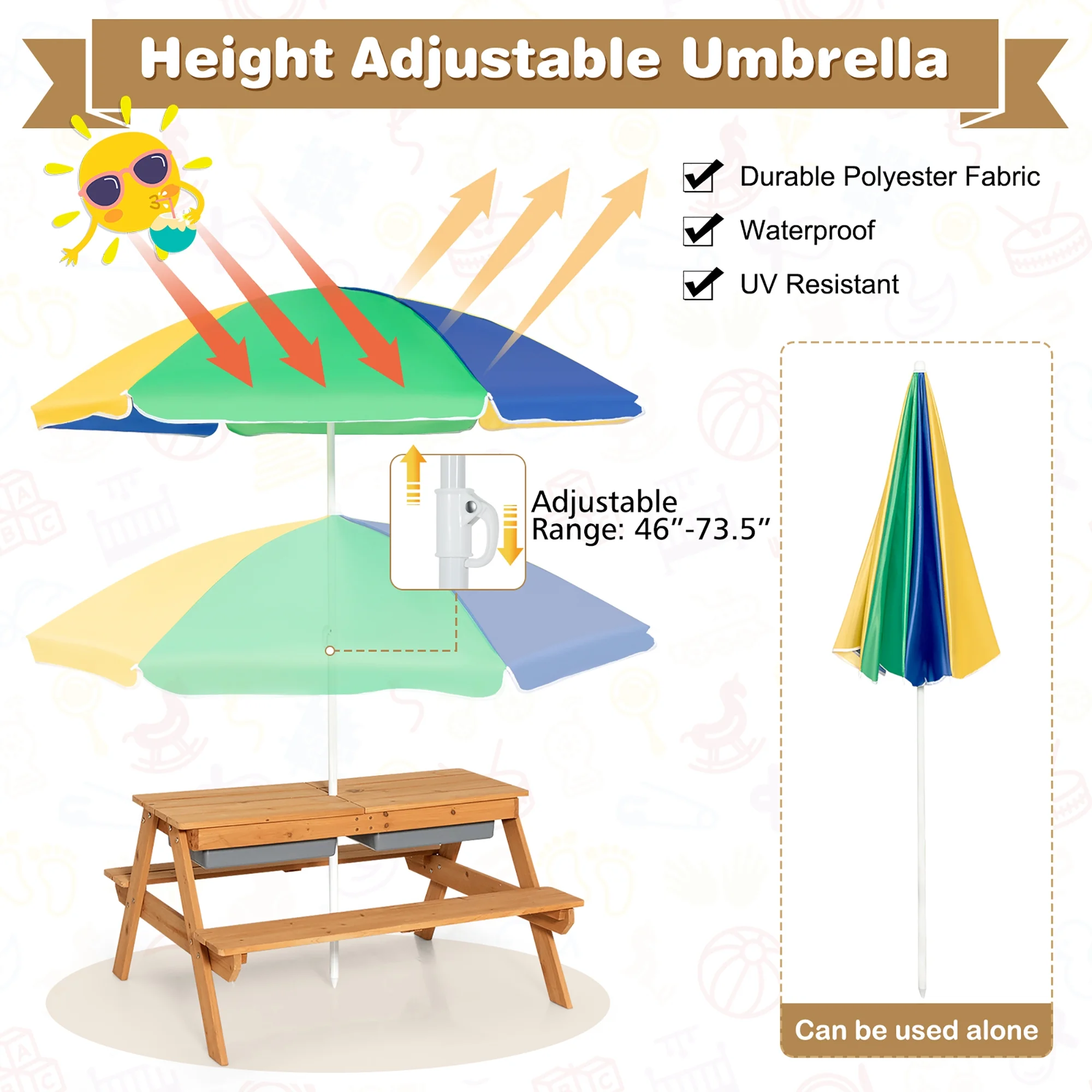 3-in-1 Kids Picnic Table Wooden Outdoor Sand Water Table with Umbrella Play Boxes Green(Green) - Image 9