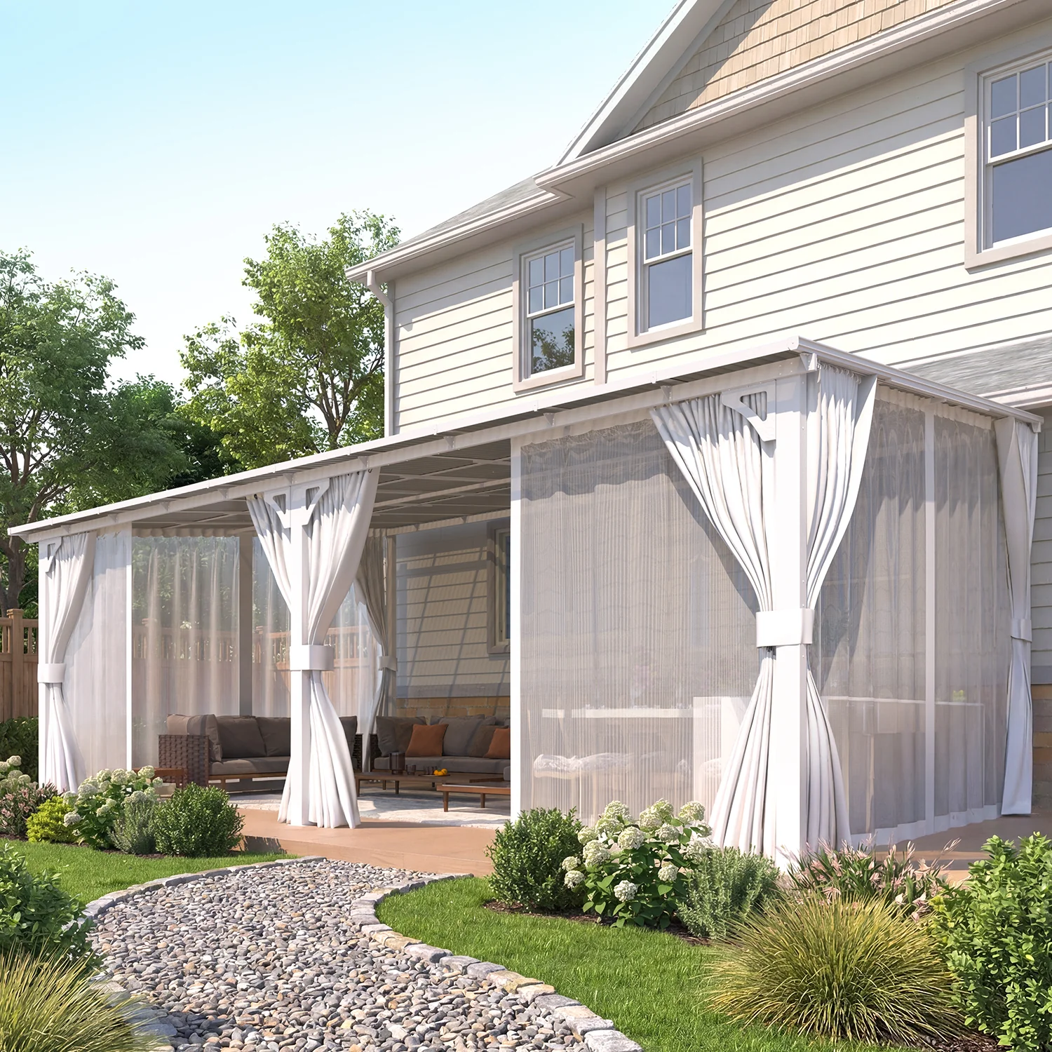 AECOJOY 20'x12' Wall Gazebo with Curtains and Mosquito Netting, White