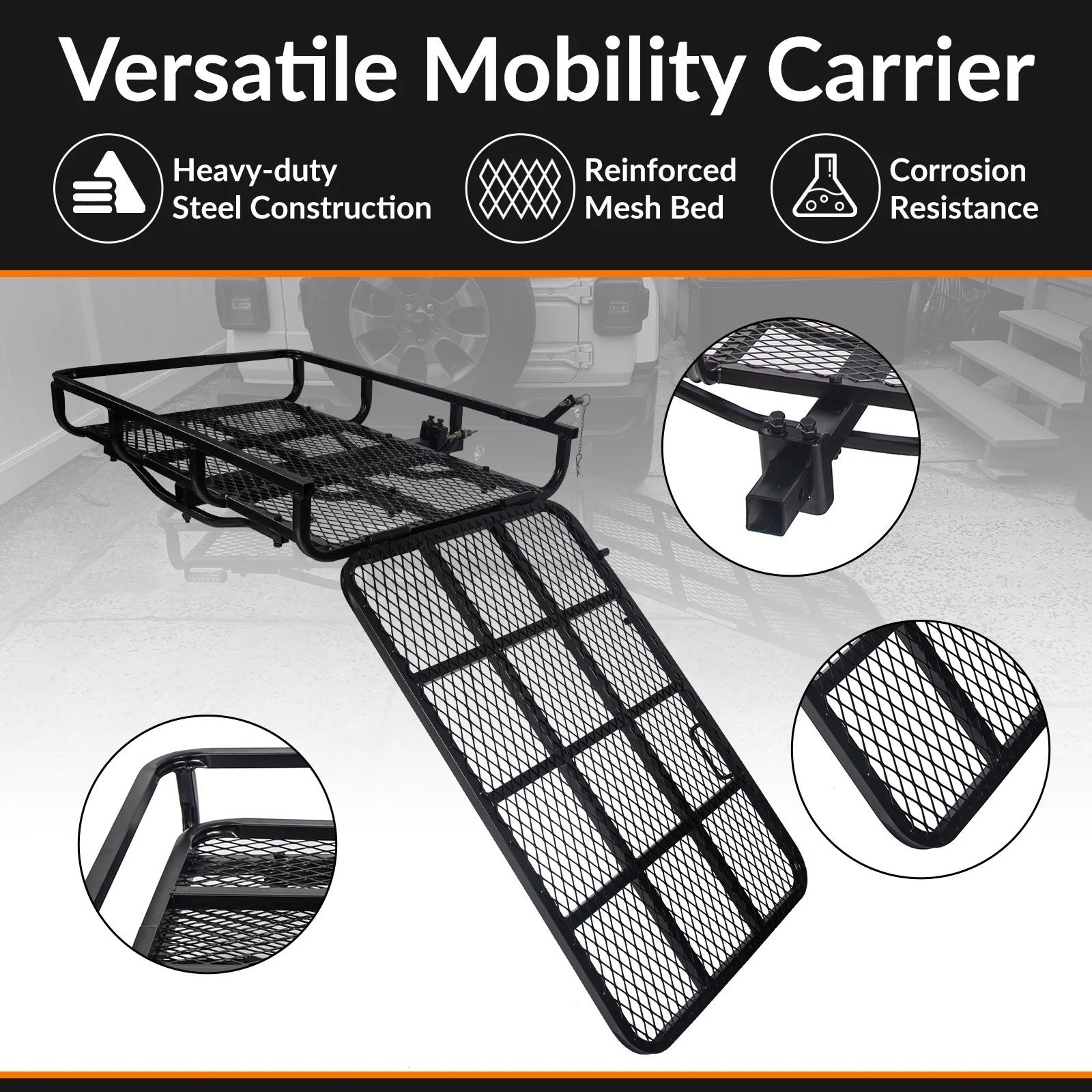 HECASA Hitch - Mounted Cargo Carrier with Mobility Ramp for Disability Medical Rack Wheelchair Scooter Lawn Mower Snow Blower Hauler 500 lb Capacity Basket - Style