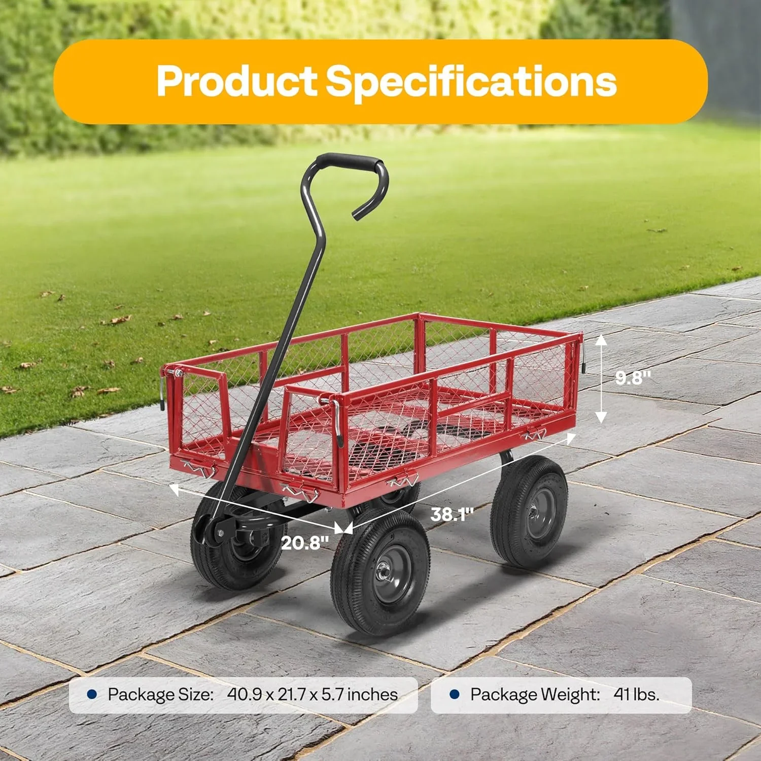 SPECSTAR Mesh Steel Garden Cart 880 lbs Capacity, 38 x 21 Folding Utility Wagon with 10 Inch Wheels