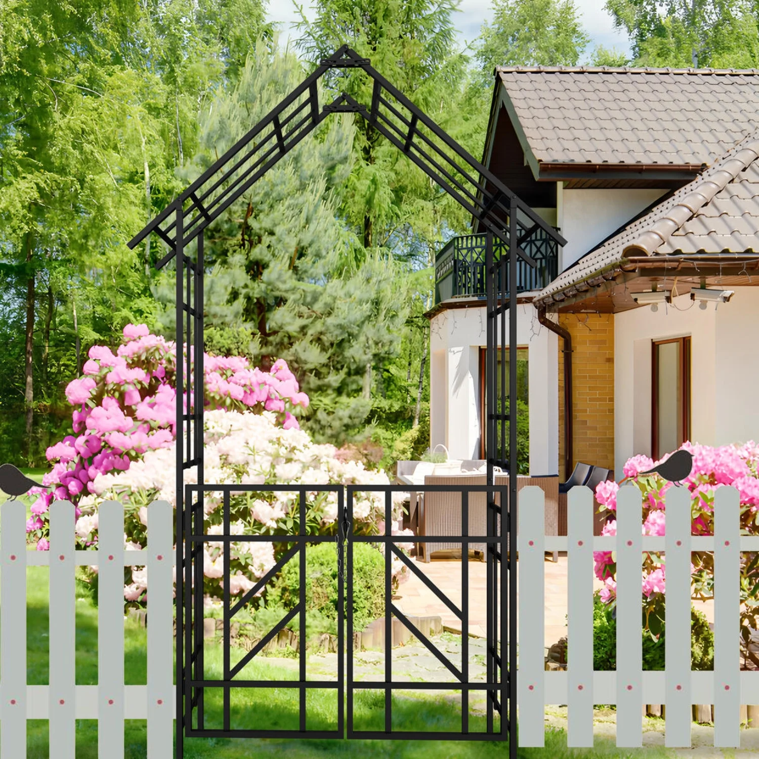 BOFANG Galvanized Metal Arch with Gate for Climbing Roses, Outdoor Garden Trellis