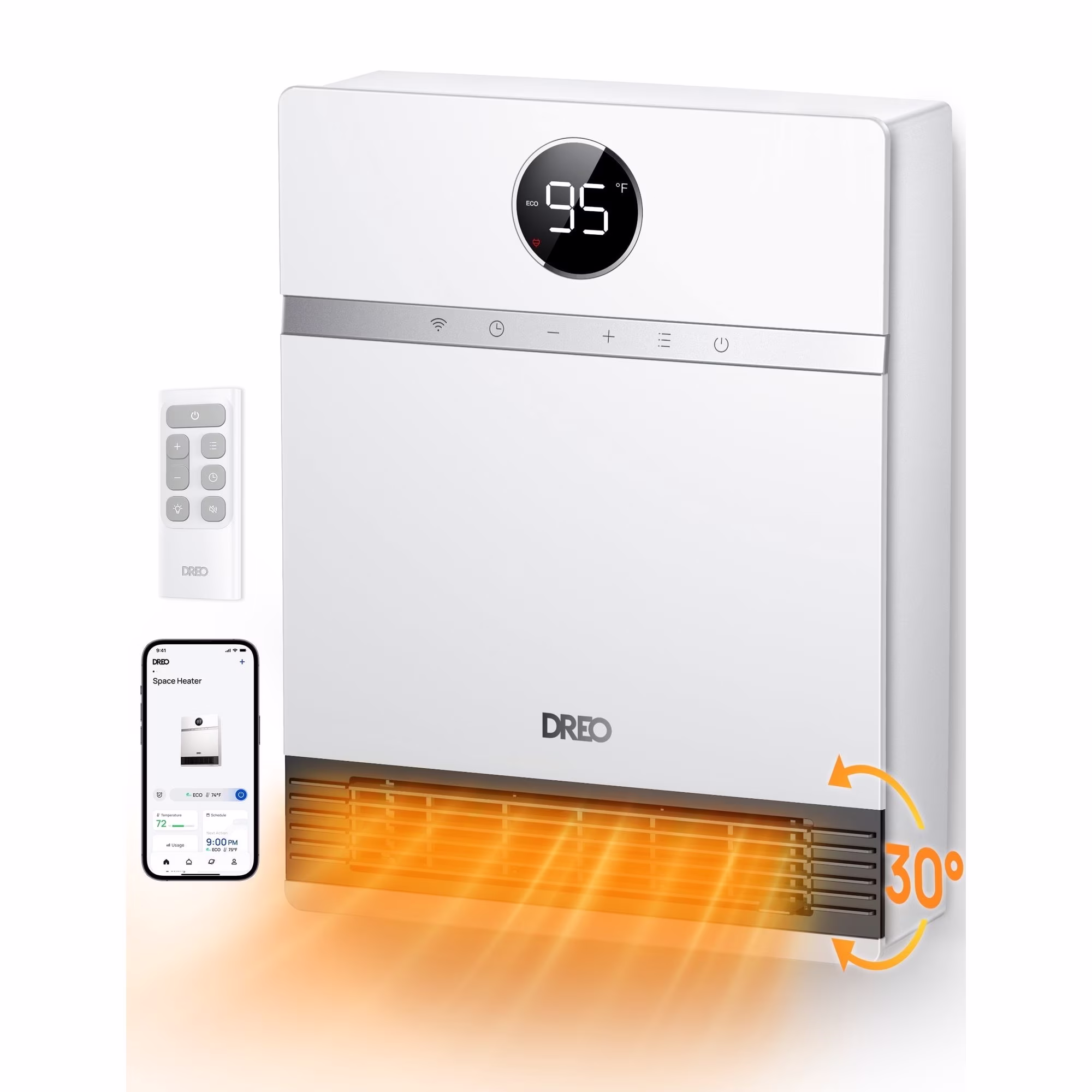 Dreo Smart Wall Heater, IP24 Electric PTC Space for Indoor Use, 30 Oscillation, Adjustable Thermostat, Remote Control, Works with Alexa, 24H Timer, Easy - Mounted for Bedroom, Office