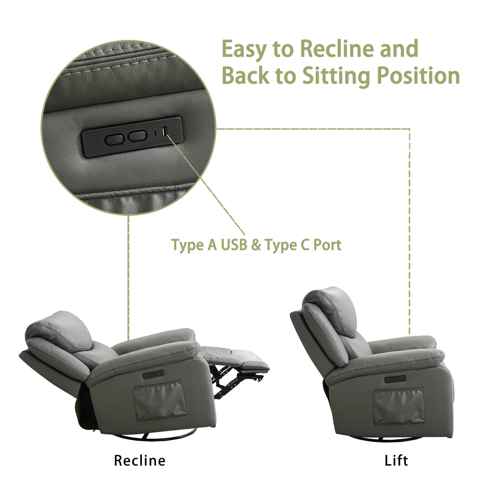 Fauteuil inclinable pivotant et berçant Soulout avec port USB