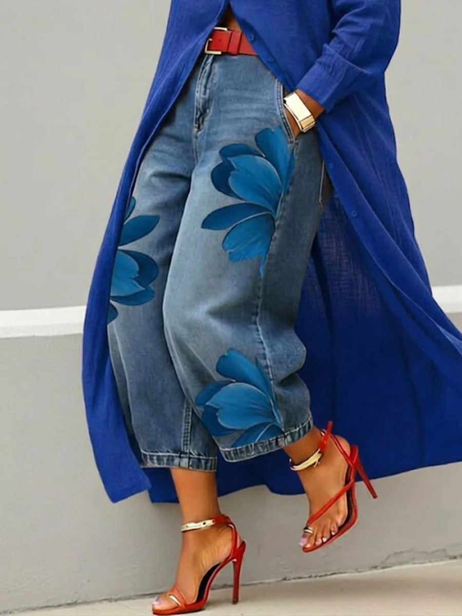 Jean en denim à imprimé artistique décontracté