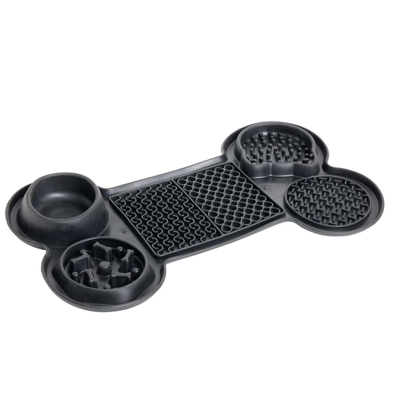 Tapis gamelle chien léchage et anti glouton forme os noir 37,8x22,3xH4cm