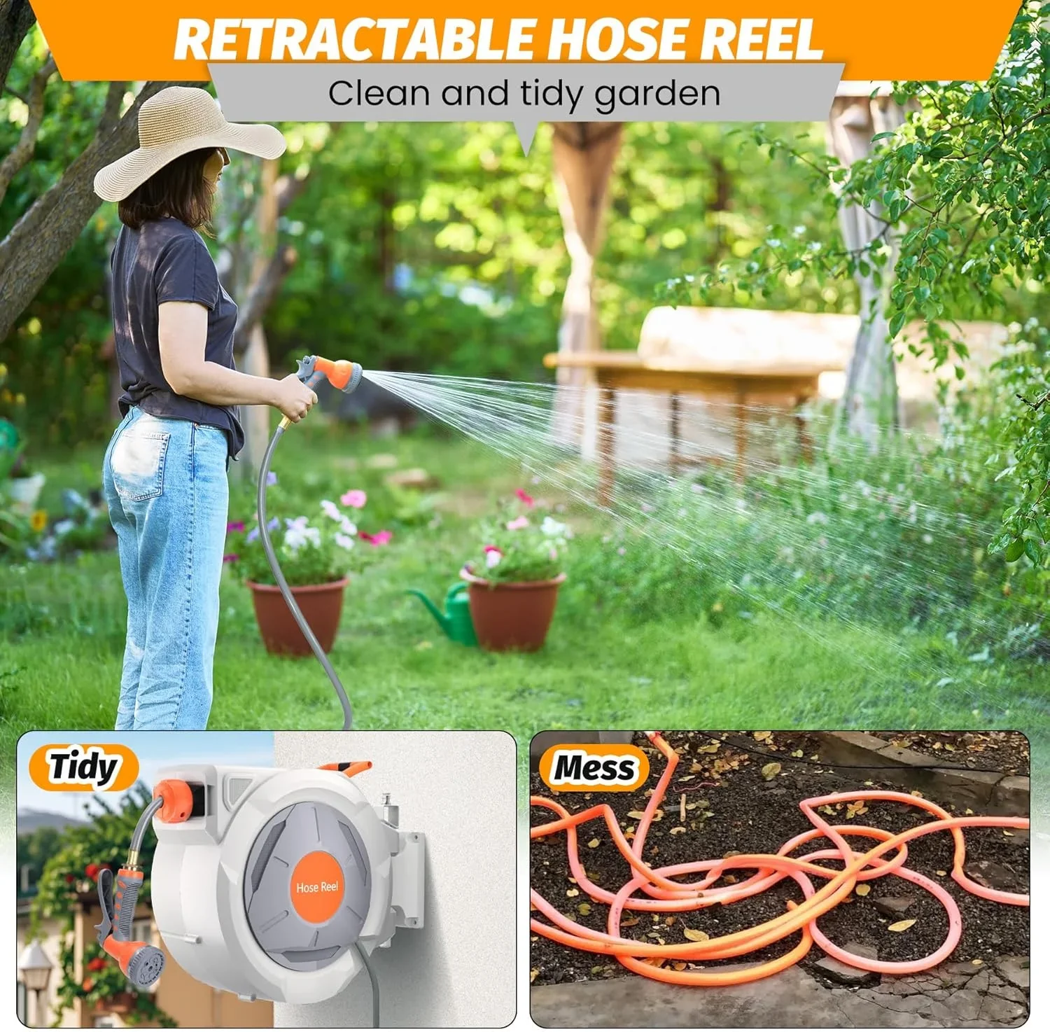 Auto-Retract Wall-Mounted Garden Hose Reel w/9-Pattern Nozzle, 180�� Swivel & Any-Length Lock, 600PSI Durable
