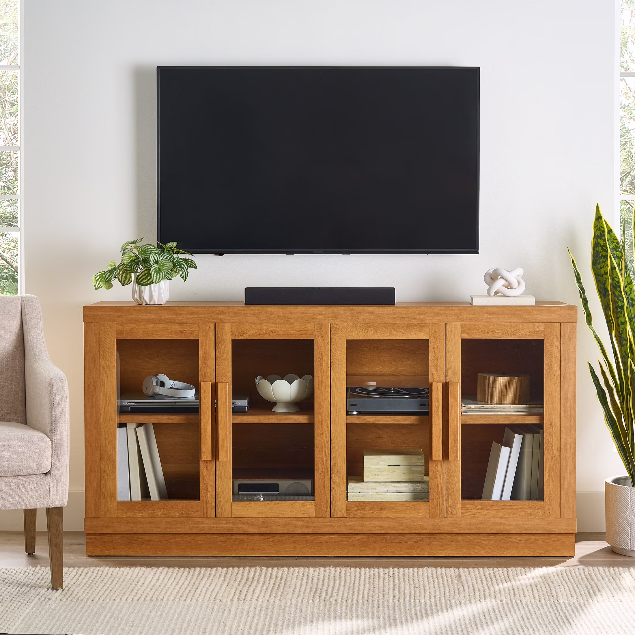 Better Homes & Gardens Ezra TV Stand for TV's up to 70, Light Honey finish
