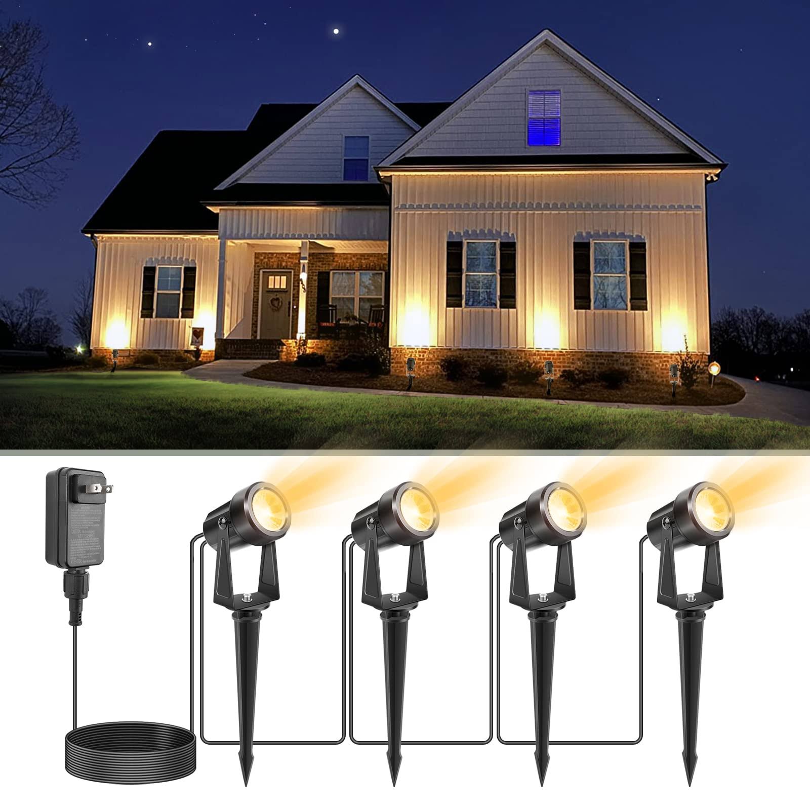 VOLISUN Christmas Outdoor Uplights,Low Voltage Landscape Spotlights with Transformer and 55.82ft Cable,IP65 Waterproof,Outdoor Uplights for House