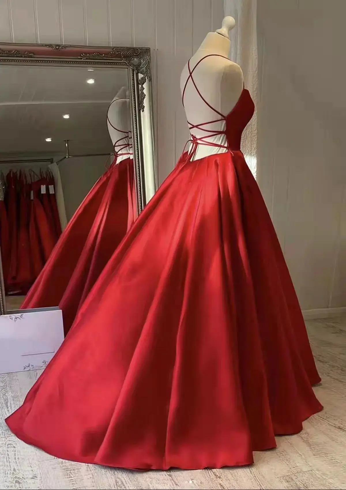 Red Satin Spaghetti Straps A Line Long Prom Dresses, Simple Formal Evening Gown DMP165