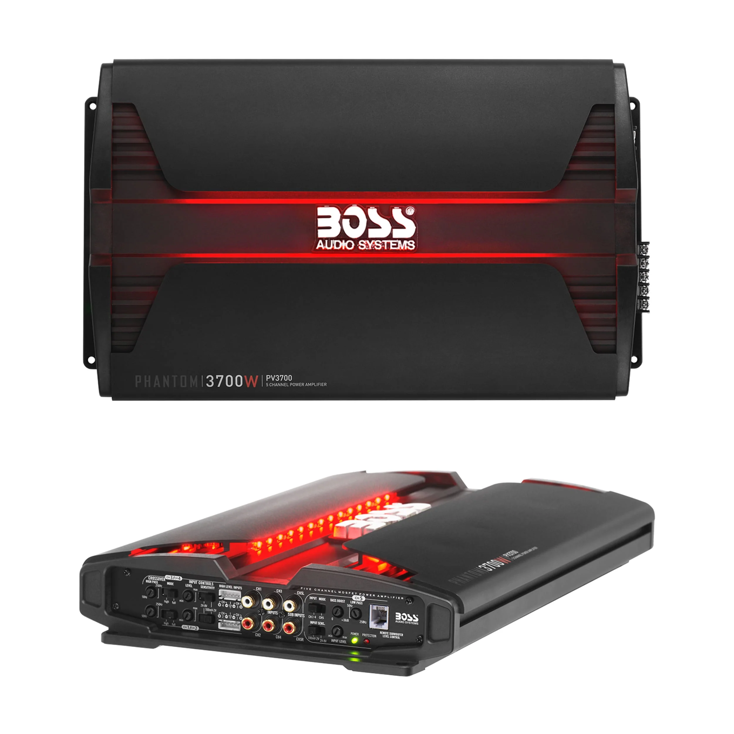 BOSS Audio Systems PV3700 5 Phantom Series Car Audio Amplifier - 3700 High Output, 5 Channel, 2/4 Ohm Stable, Low/High Level Inputs, High/Low Pass Crossover, Full Range, Bridgeable, Subwoofer