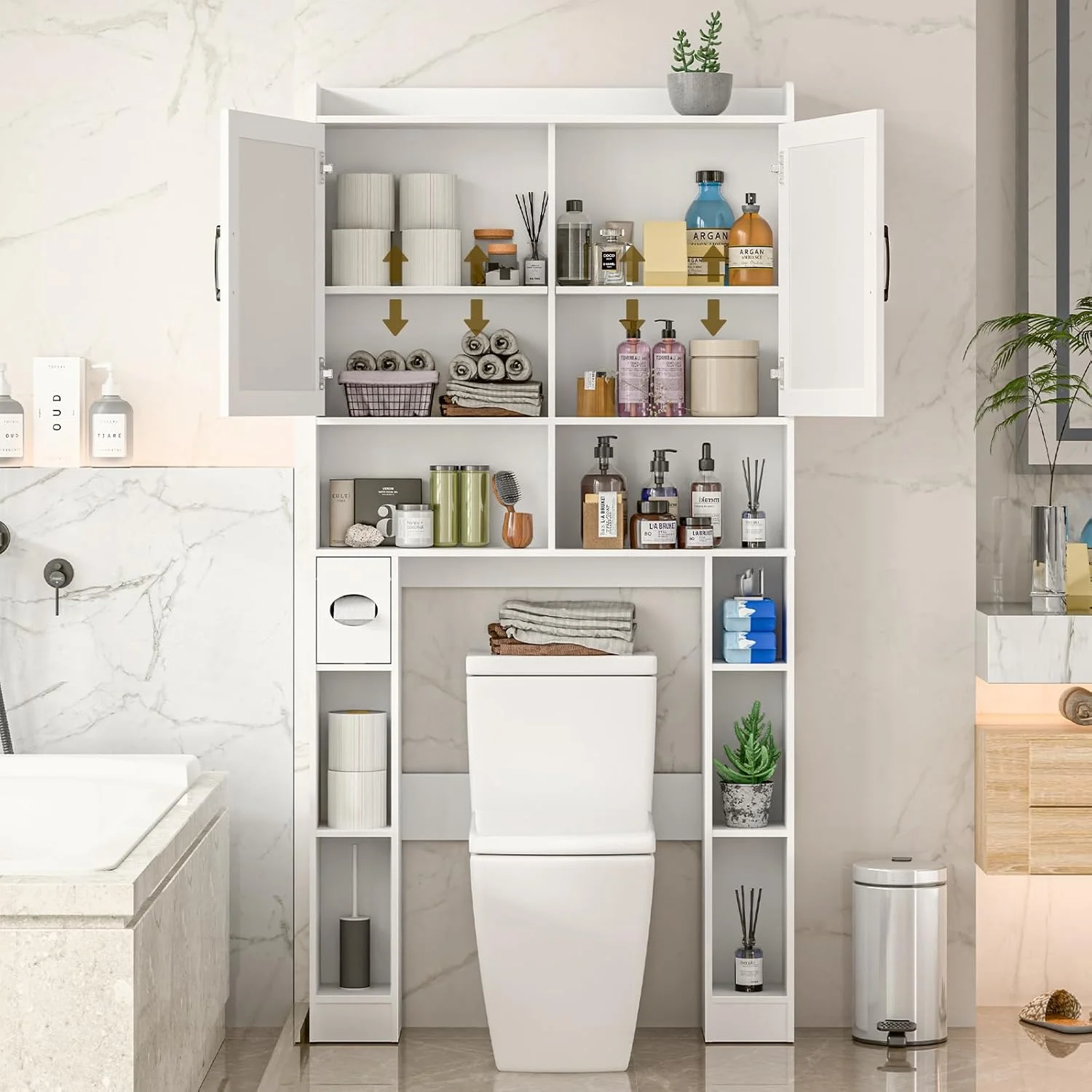 Over The Toilet Storage Cabinet with Toilet Paper Holder Stand, Above Toilet with Adjustable Shelf 2 Doors(Unique White) - Image 2