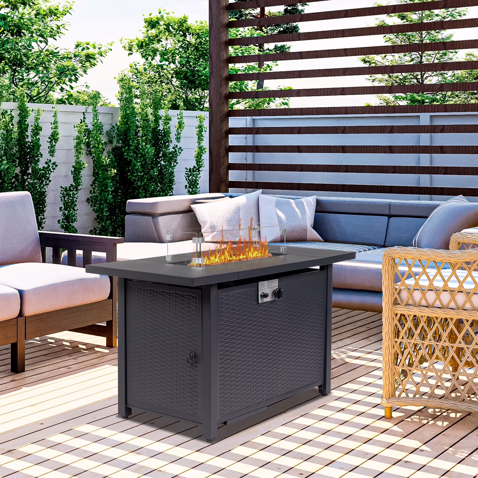 Ktaxon 43 Outdoor Gas Fire Pit Table, 50,000 BTU Auto-Ignition Fire Tables with Lid, Rain Cover for Outside Garden Backyard Deck Patio Black