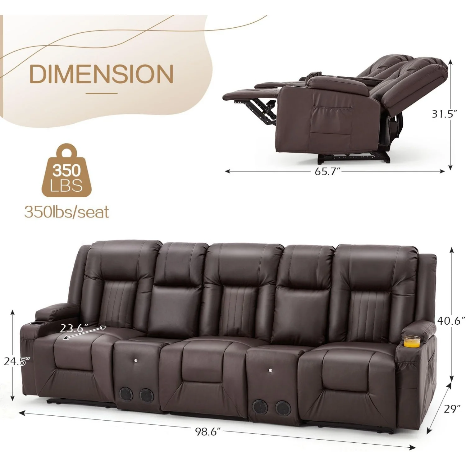AECOJOY 3 Seater Recliner Sofa with 2 Console&Bluetooth Speakers, Brown