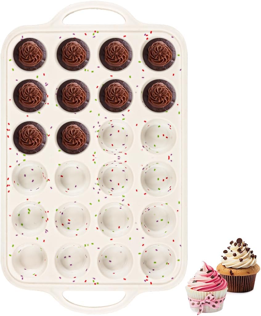 Silicone Mini Muffin Pan With Metal Reinforced Frame - 24 Cups Durable Silicone Cupcake Pan for Muffins, Cupcakes, BPA Free and Dishwasher Safe - 1 Piece Beige with Rainbow Spots