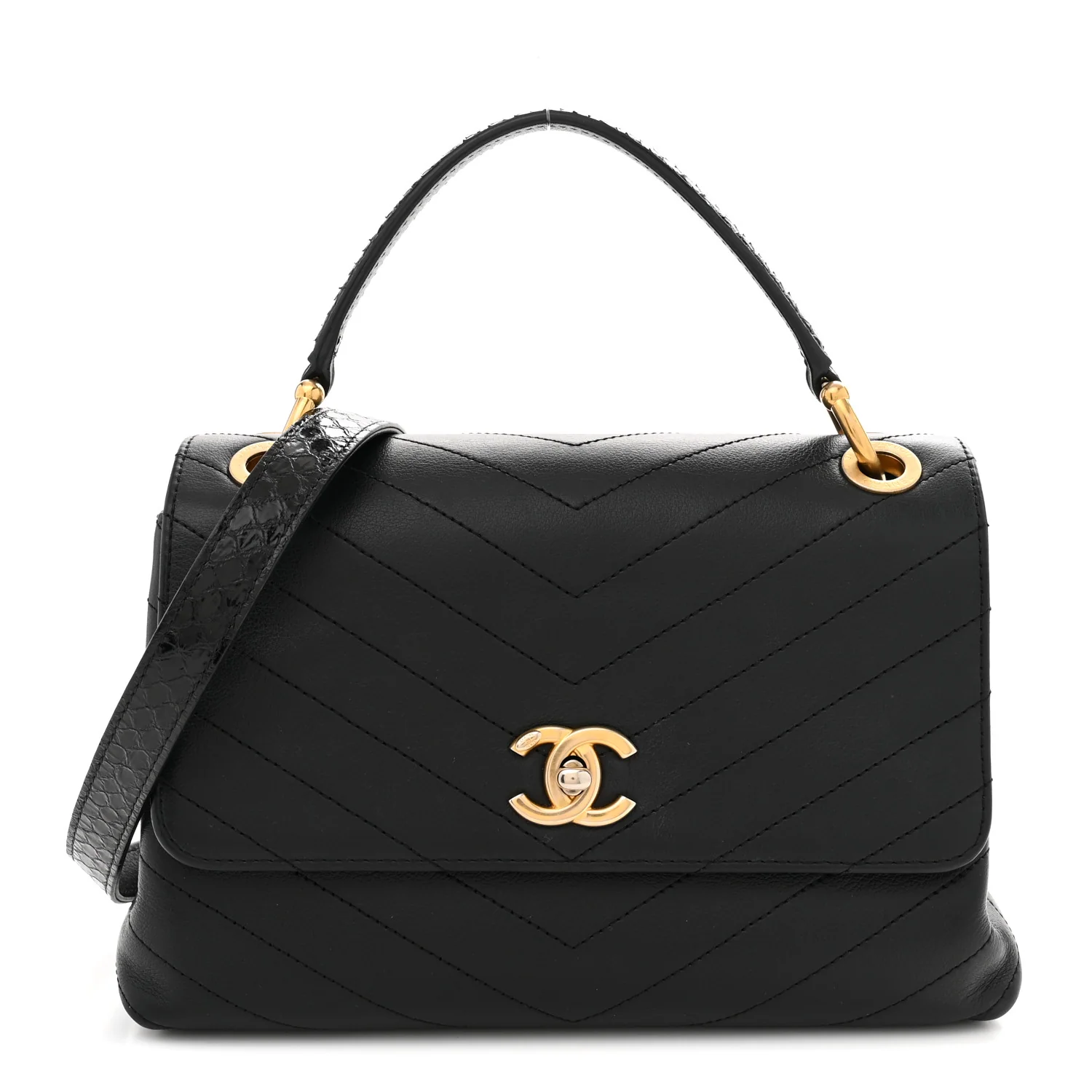 Grained Calfskin Snakeskin Small Chevron Chic Top Handle Flap Black