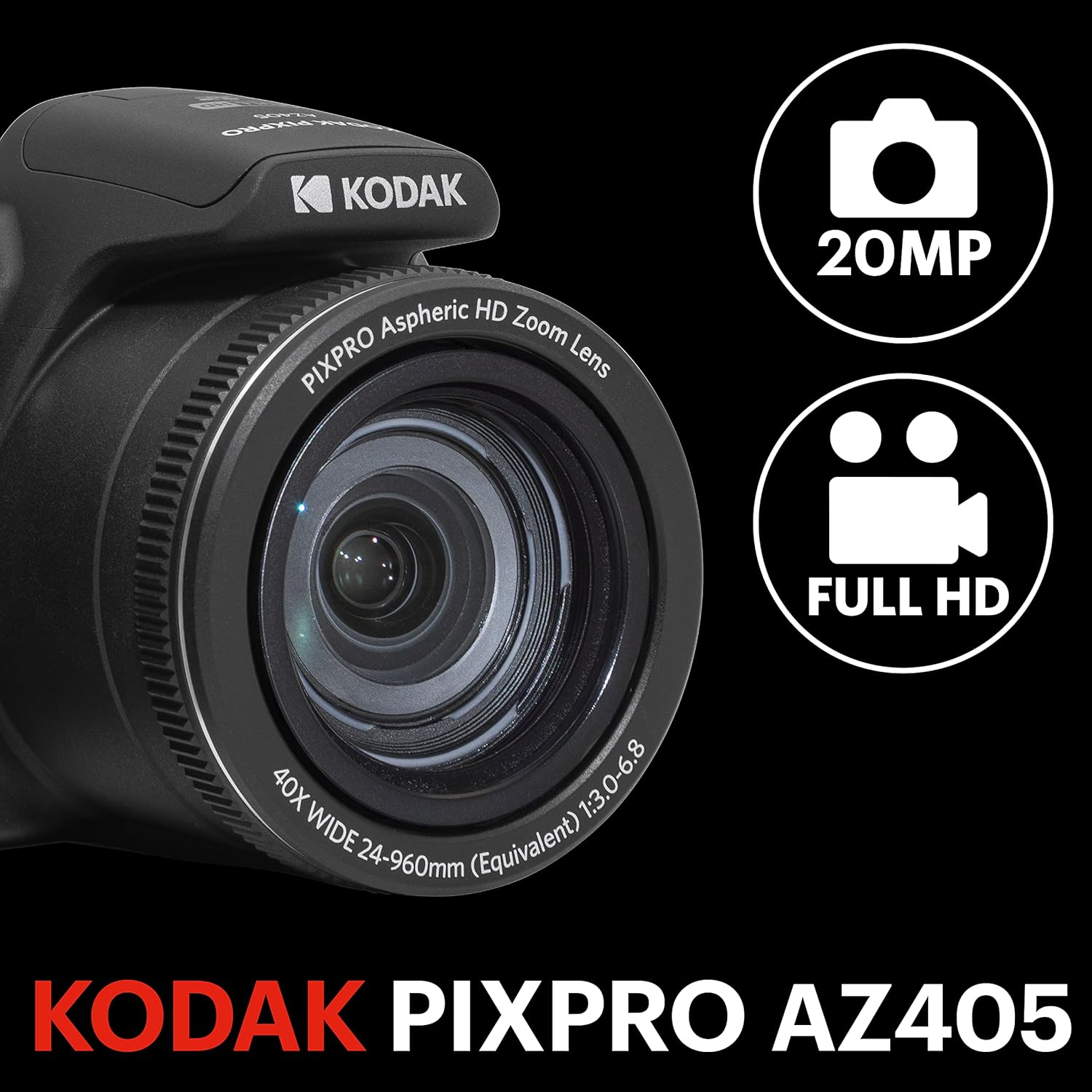 Kodak PIXPRO AZ405-BK 20MP Digital Camera  40X Zoom  24mm Wide Angle Lens  Image Stabilization  1080p Full HD Video  3