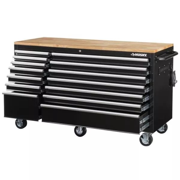 Établi mobile de 157 cm (62 po) à 14 tiroirs avec plateau en bois massif, noir