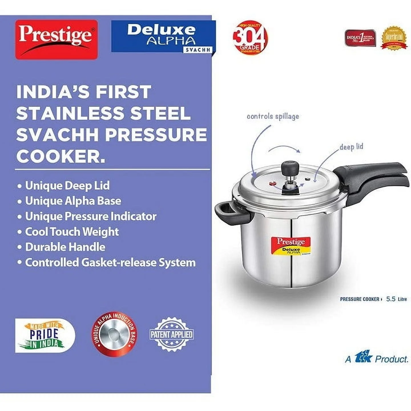 Prestige Deluxe Alpha Svachh 5.5 L Stainless Steel Pressure Cooker