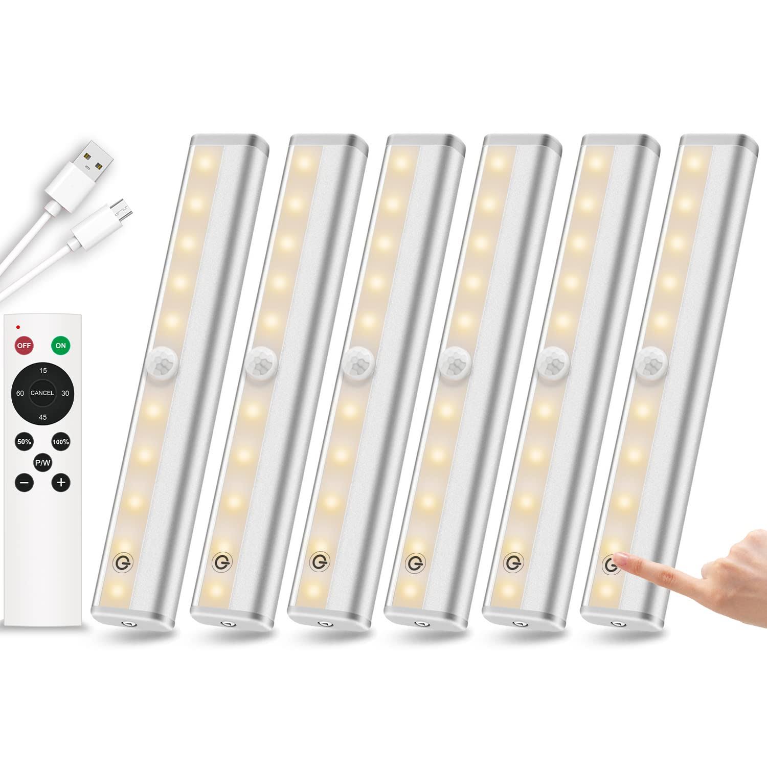 Remote Control Under Cabinet Lighting Wireless 6 Pack 20-LED Dimmable Closet Lights Rechargeable Under Counter Light Stick on Touch Night Light