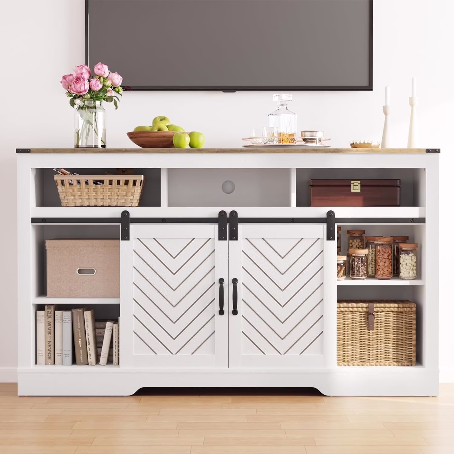 Farmhouse TV Stand for 65+ inch TV,34'' Tall Entertainment Center with Sliding Barn Doors, Rustic Wood Media Console Storage Cabinet Television Stand for Living Room, Light Grey(TV Stand 2/Light Grey) - Image 5