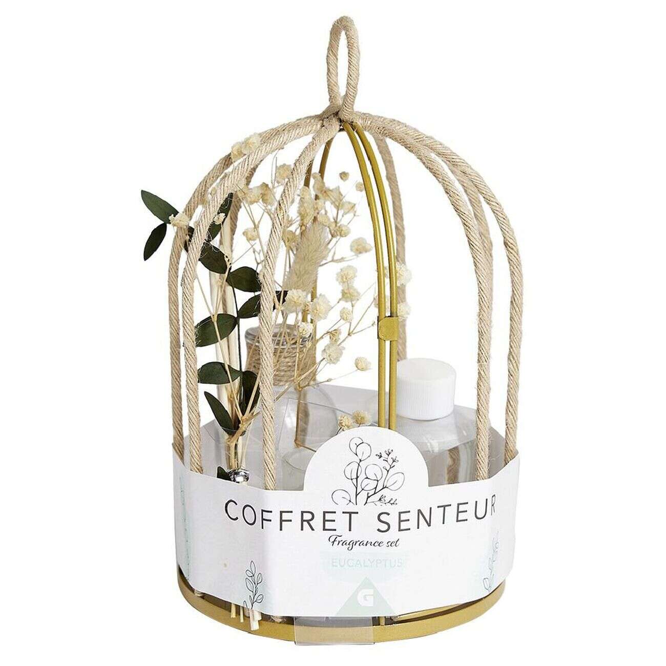 Coffret senteur cage corde fleur séchée eucalyptus Ø14xH24cm
