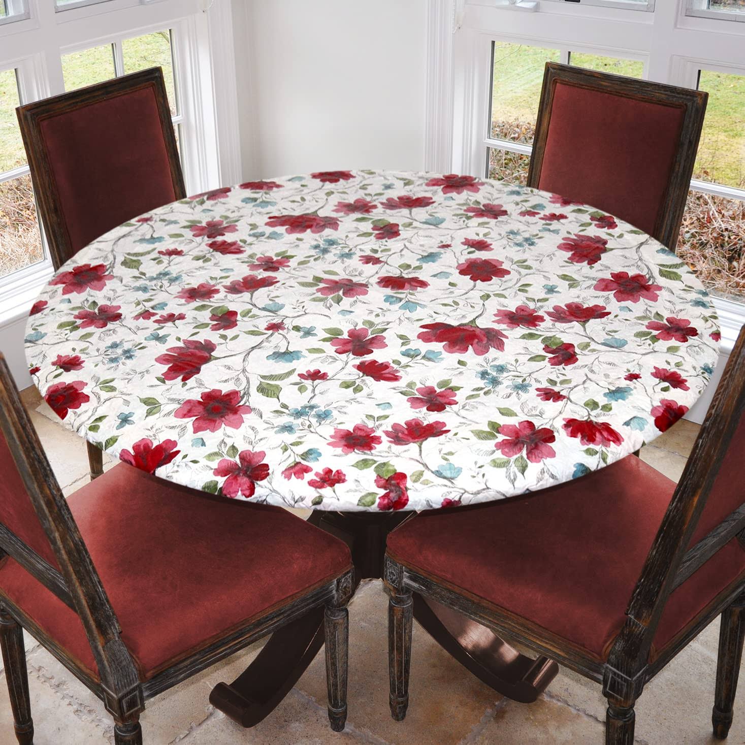 Covers for The Home Elastic Edged Flannel Backed Vinyl Fitted Table Cover - Watercolor Floral Pattern - Large Round - Fits Tables 45' to 56' Diameter,
