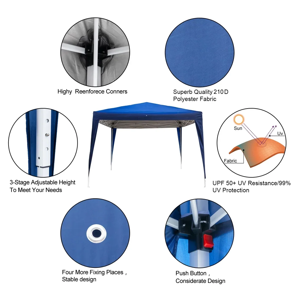 10' x 10' Easy Set up Canopy Tent, Waterproof UV Coated Shade Shelter Wedding Tent w/4 Removable Sidewalls, Folding Outdoor Gazebo Tent w/Carry Bag for Garden Beach Pool BBQ, Blue, S11208