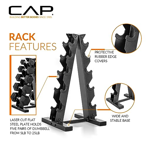 Ensemble d'haltères hexagonales revêtues CAP Barbell 2025 de 68 kg (150 lb) avec support vertical, noir